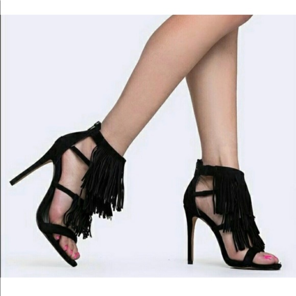 a.n.a Shoes - a.n.a. Black Fringe Open-Toe Heels